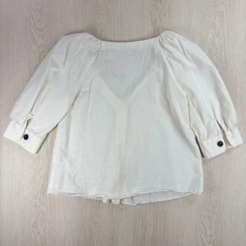 Blouse Zara Womens Medium Cream Cotton Linen Puff Sleeve V-Neck Button Front